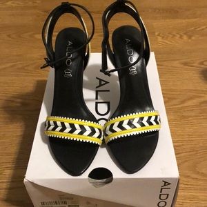 Yellow black and white Aldo heel sandals